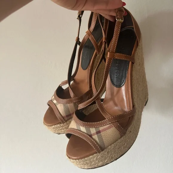 Burberry Brown Leather Novacheck Cross Strap Espadrille Wedge Sandals - Picture 1 of 8